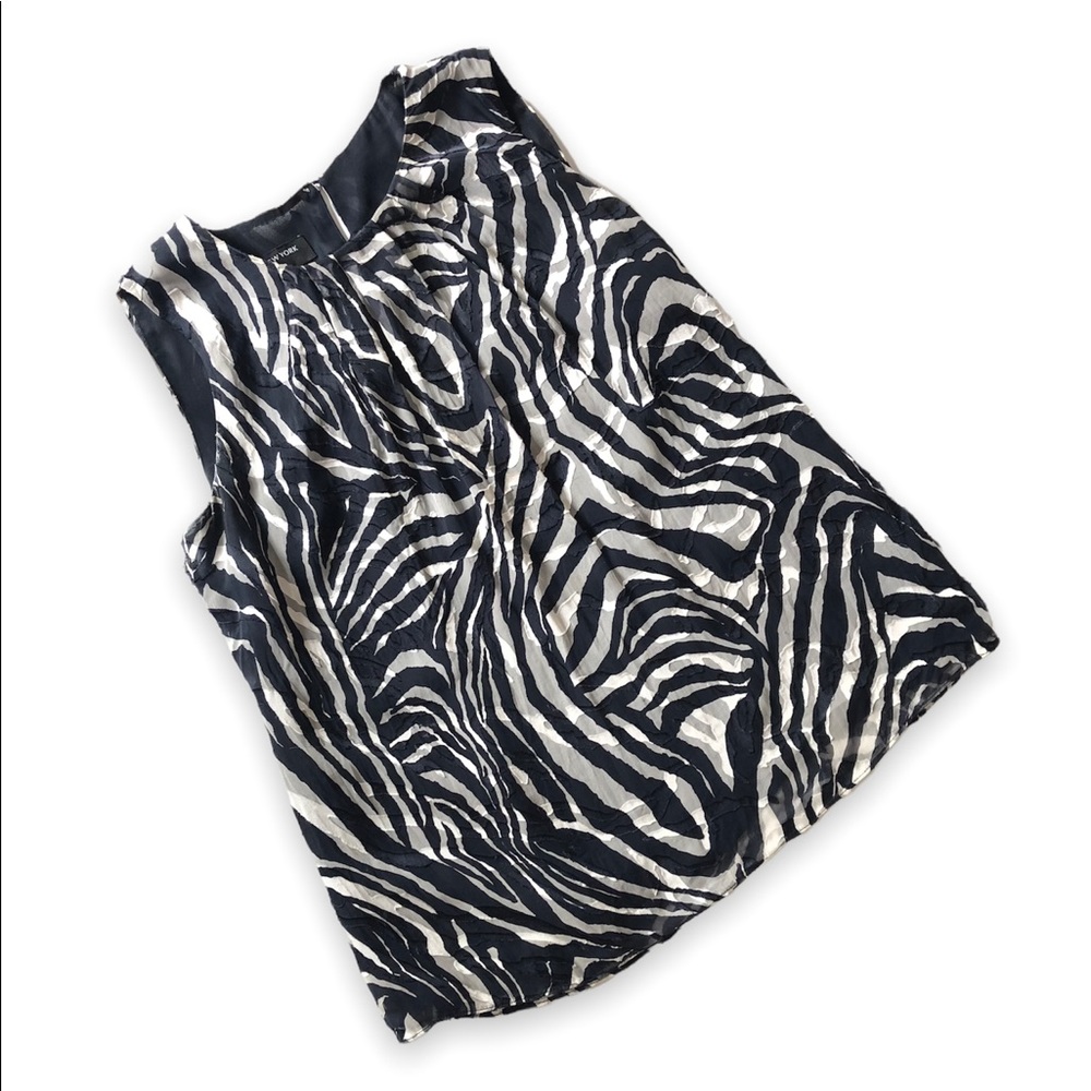 Jones New York Zebra Print Lined Sleeveless Shell Blouse Navy Gray Size M
